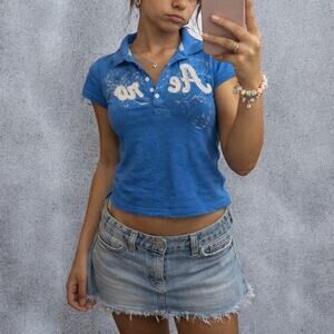 Aéropostale 2010s Blue Graphic Polo Shirt Fitted Short Sleeve Logo Top XS